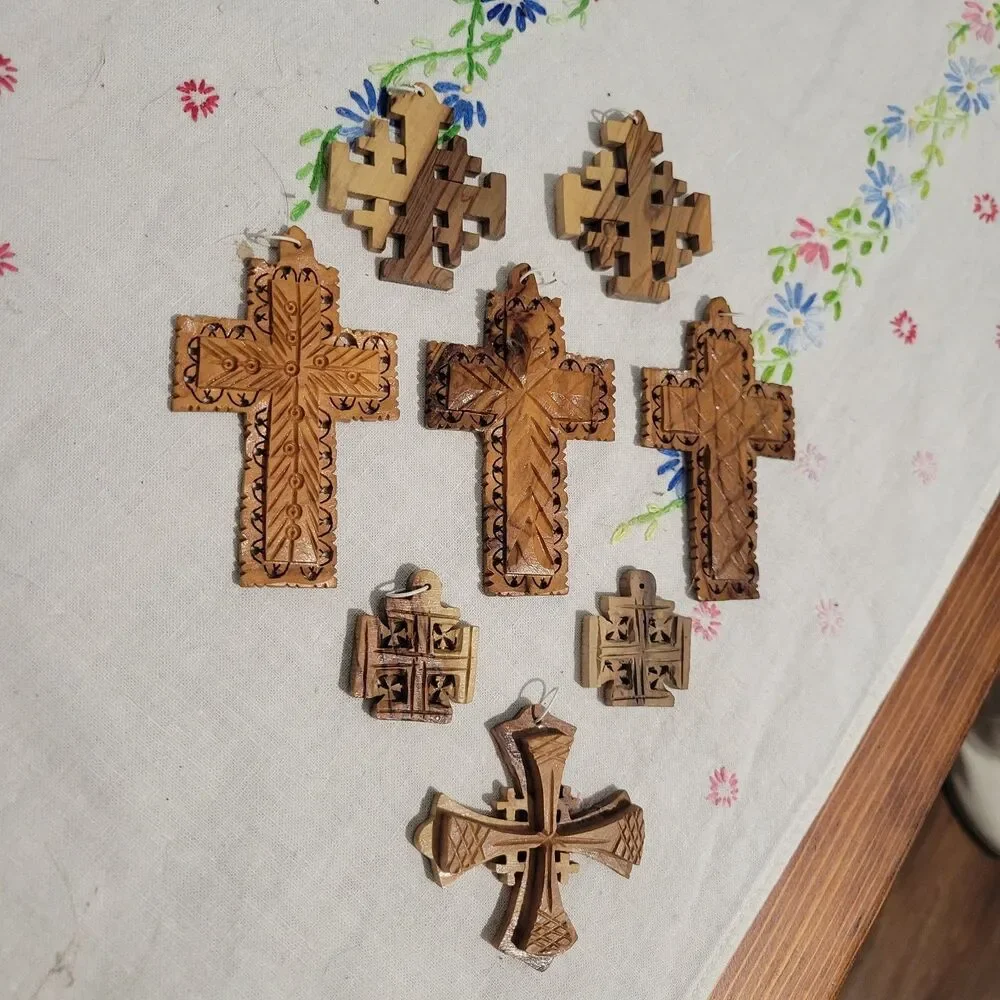 Lot of 8 Olive Wood Crosses pendants ornaments Jerusalem Bethlaham Holy Land